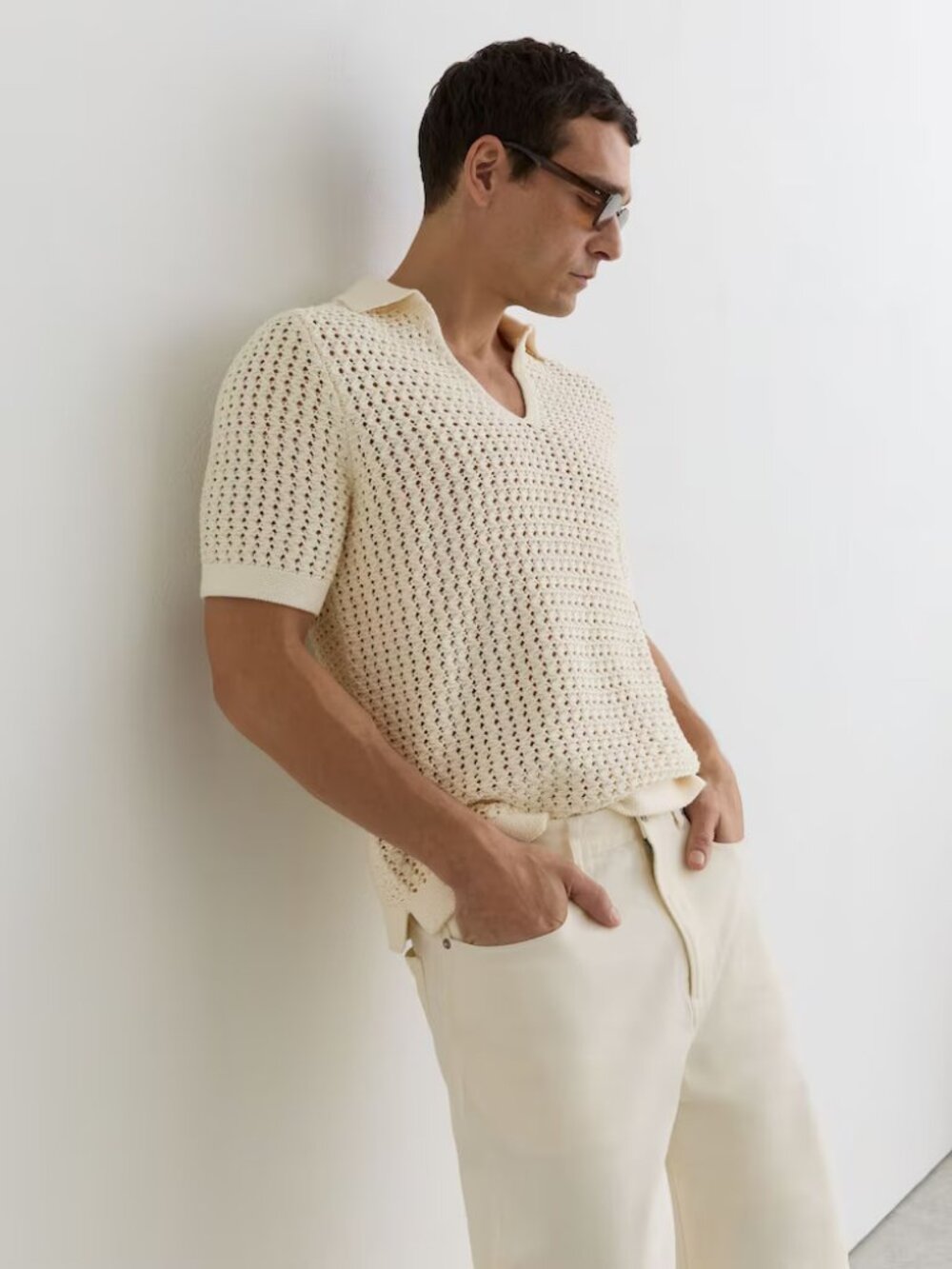 Bronwyn Crochet Open-Collar Polo Shirt in White - XL - New With Tags